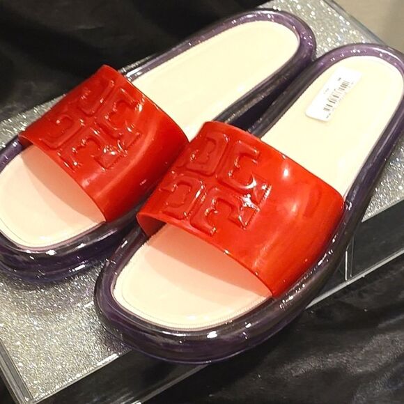 Tory Burch Bubble Jelly Slides- Bright Red/ Grape Purple - Picture 10 of 11